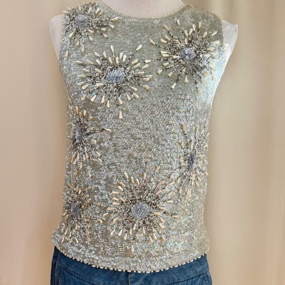 Vintage Ice Blue Beaded & Pearled Top, Silk Lined, Hand Made in Hong Kong - RARE
